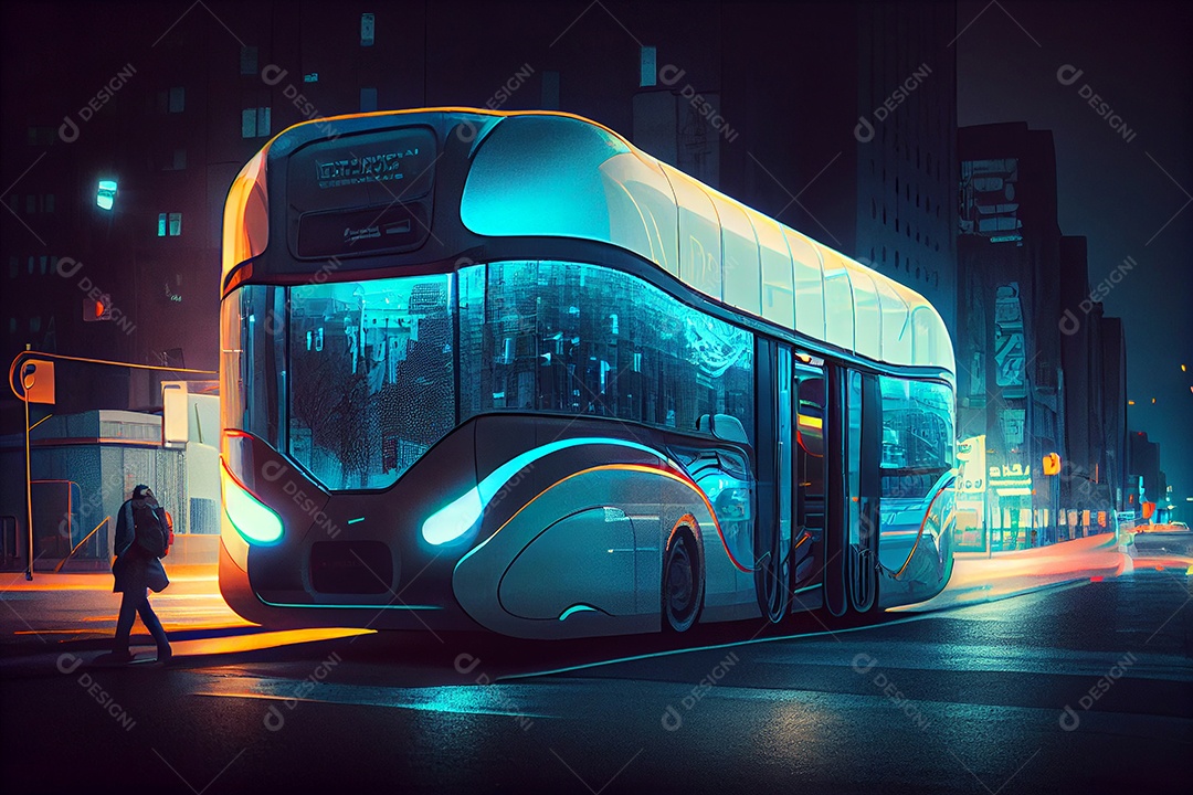 Carro veiculo futurista sobre cidade iluminada