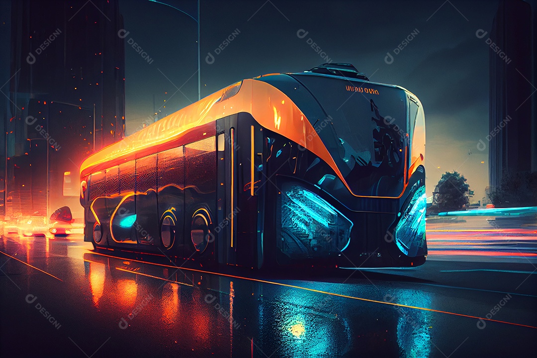Carro veiculo futurista sobre cidade iluminada