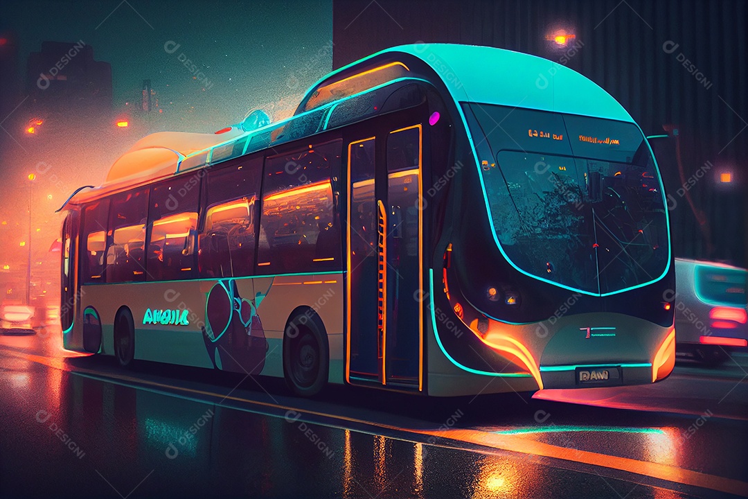 Carro veiculo futurista sobre cidade iluminada