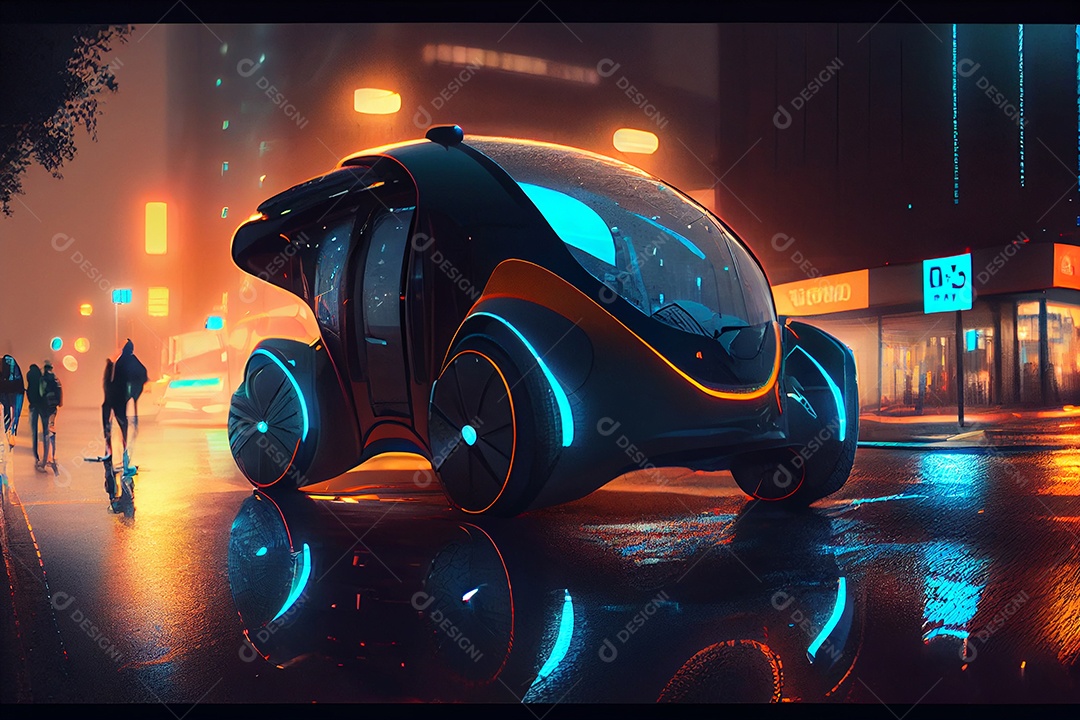 Carro veiculo futurista sobre cidade iluminada