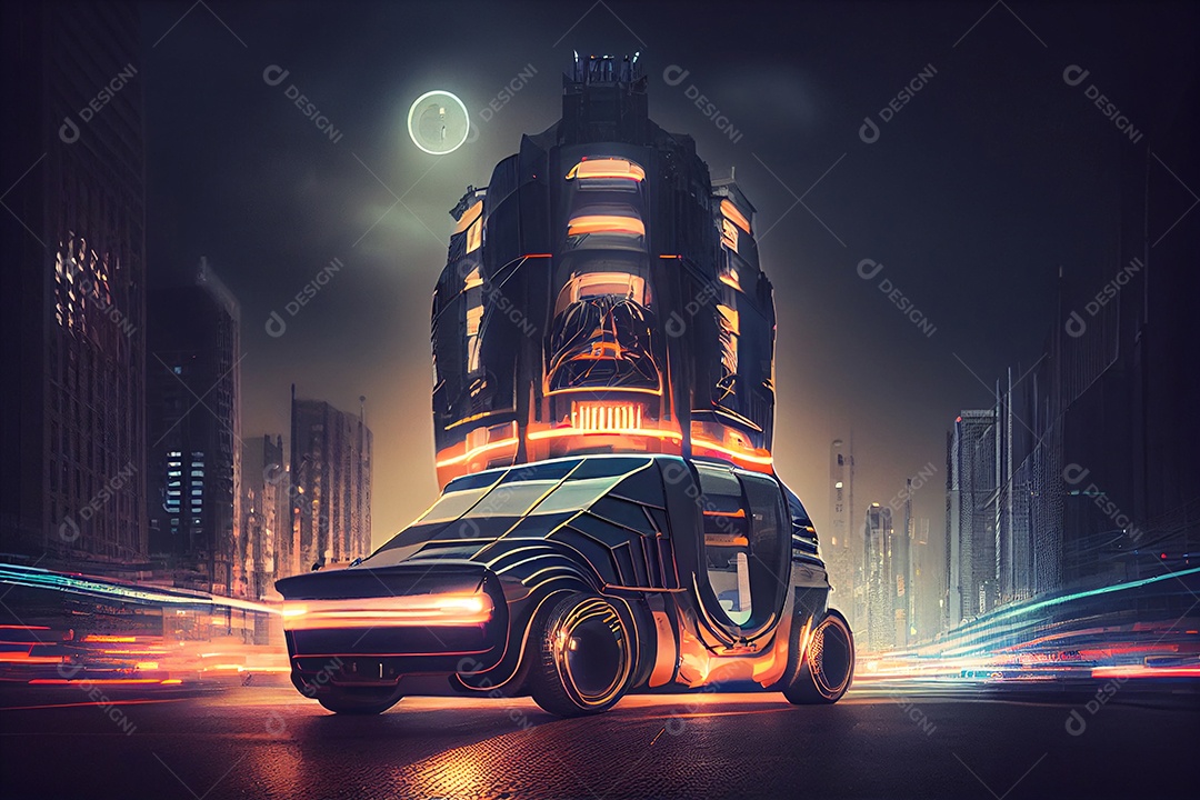 Carro veiculo futurista sobre cidade iluminada