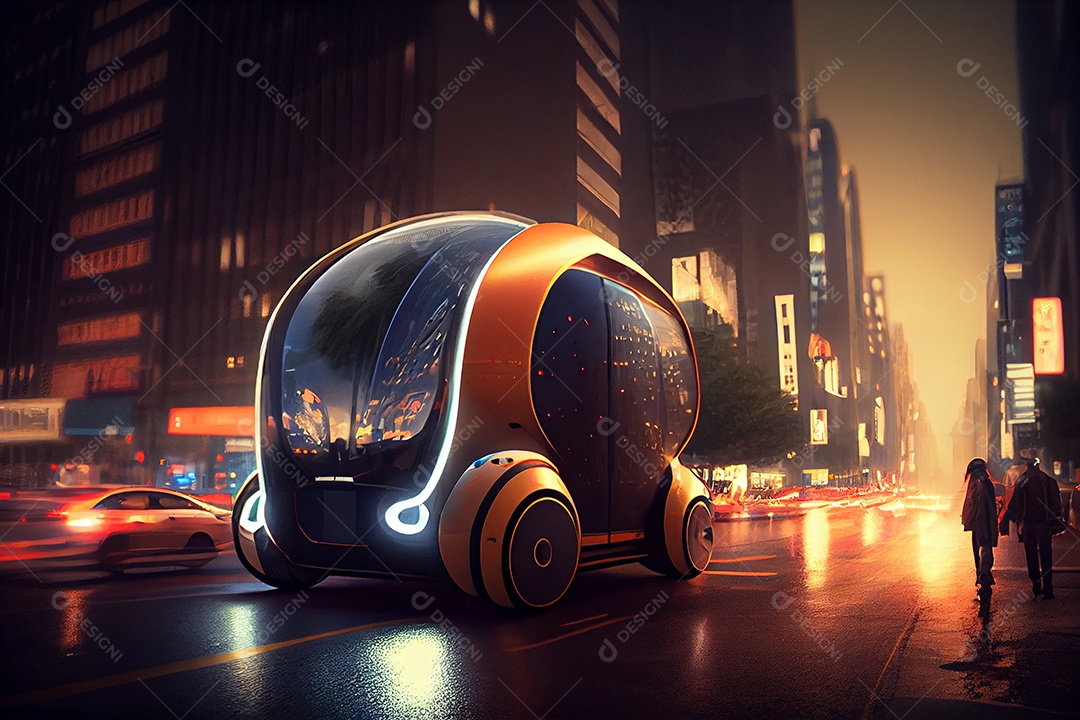 Carro veiculo futurista sobre cidade iluminada
