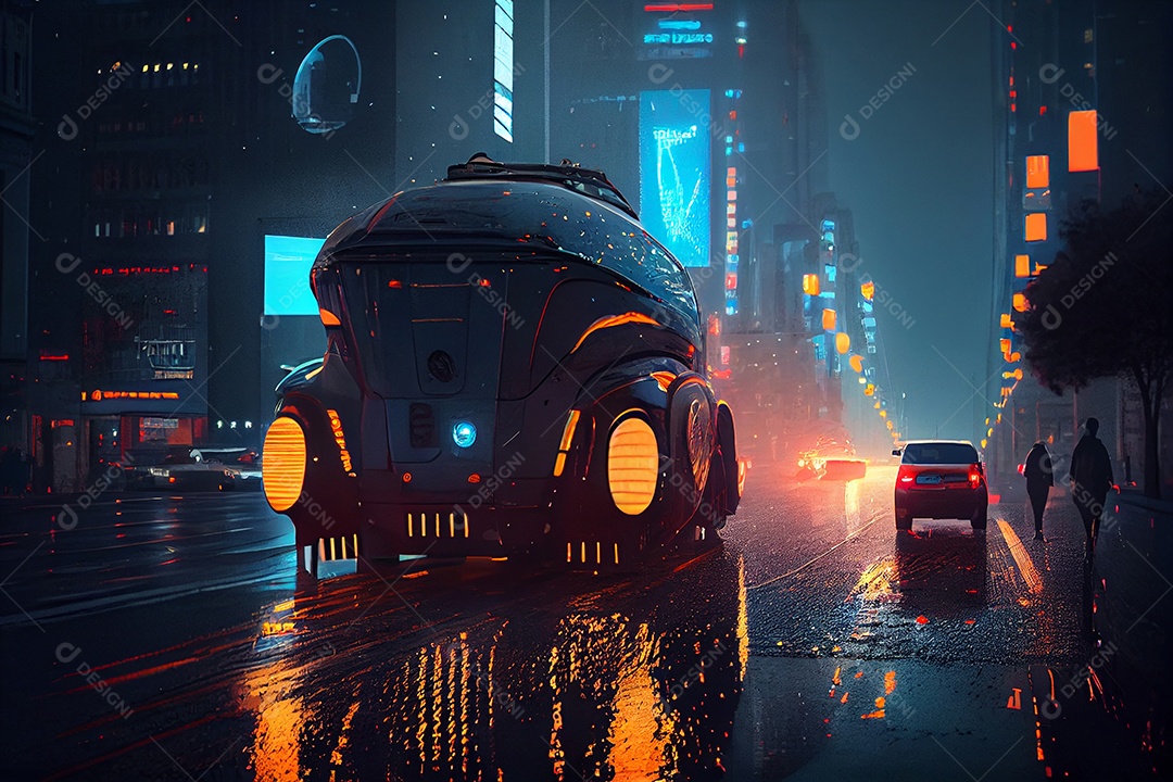 Carro veiculo futurista sobre cidade iluminada