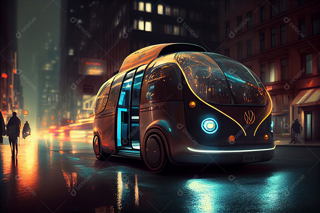 Carro veiculo futurista sobre cidade iluminada