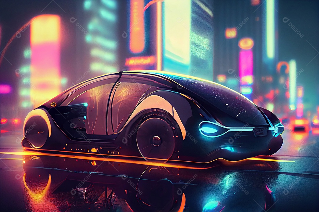 Carro veiculo futurista sobre cidade iluminada