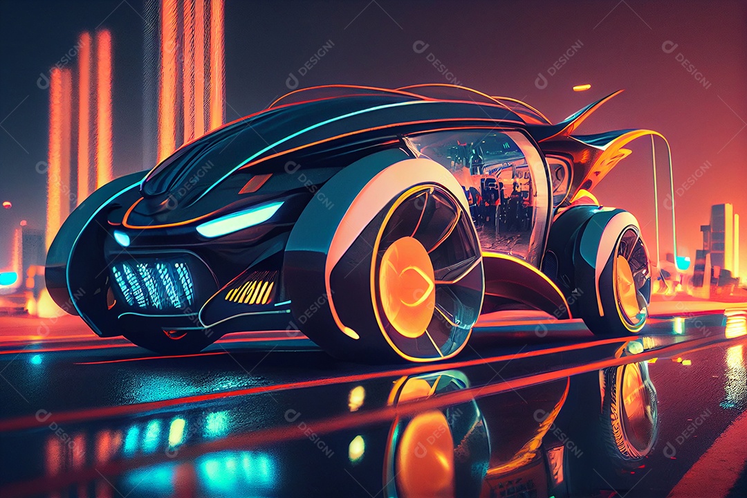 Carro veiculo futurista sobre cidade iluminada