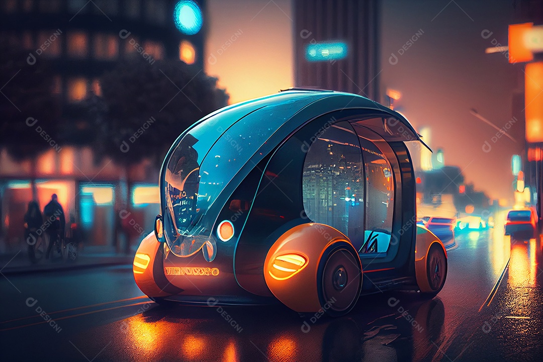 Carro veiculo futurista sobre cidade iluminada