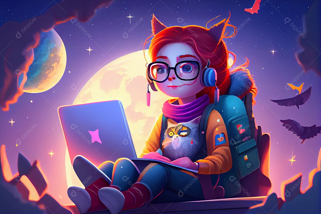 Desenho de menina mexendo em seu notebook