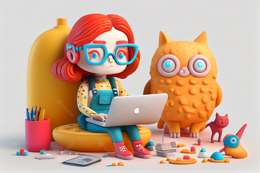 Desenho de menina mexendo em seu notebook