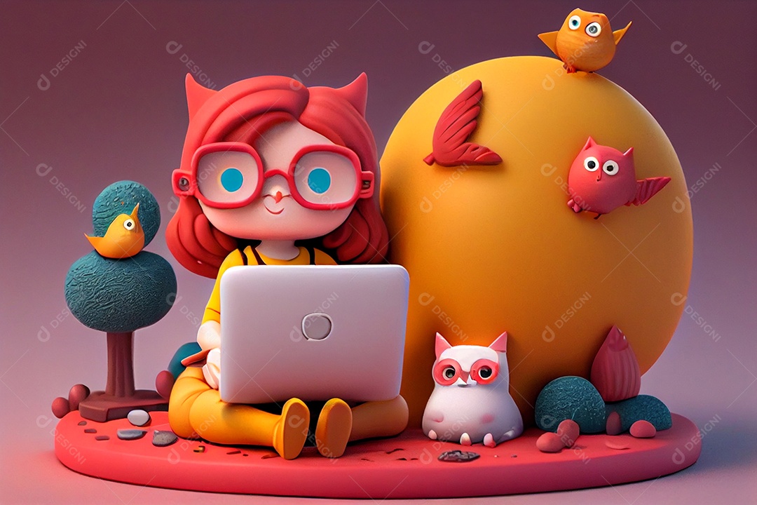 Desenho de menina mexendo em seu notebook