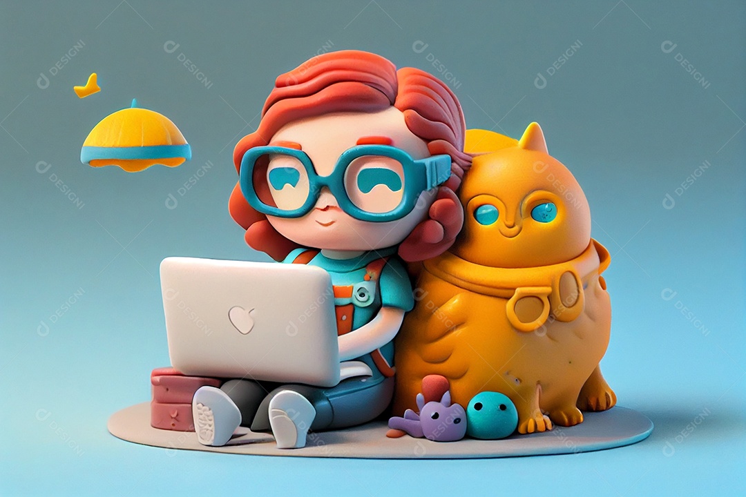 Desenho de menina mexendo em seu notebook