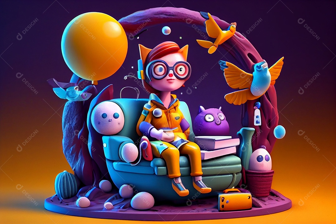 Desenho de menina mexendo em seu notebook