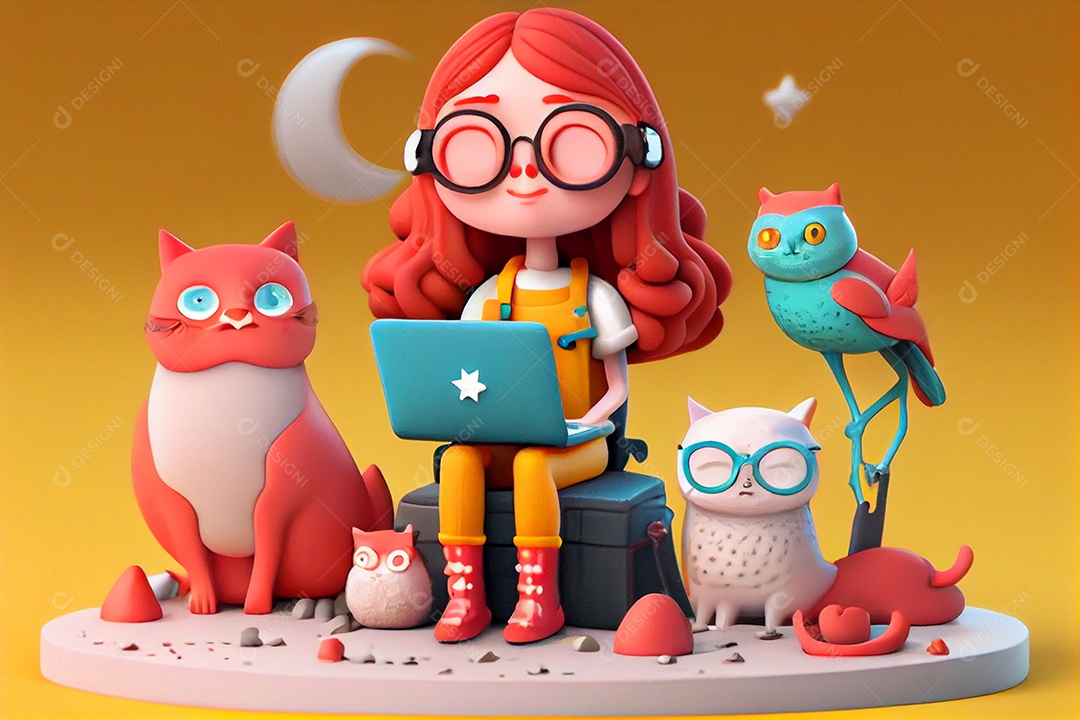 Desenho de menina mexendo em seu notebook