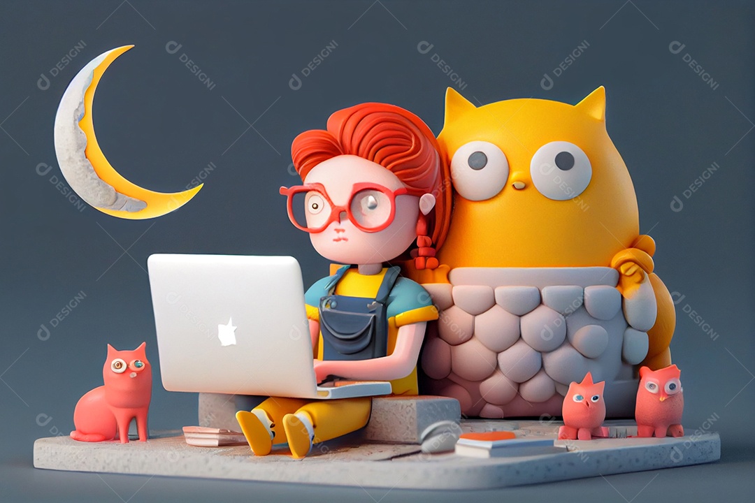 Desenho de menina mexendo em seu notebook