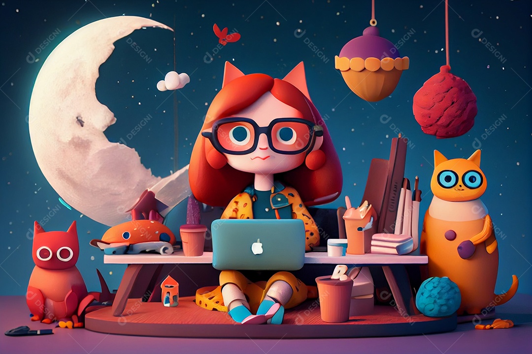 Desenho de menina mexendo em seu notebook