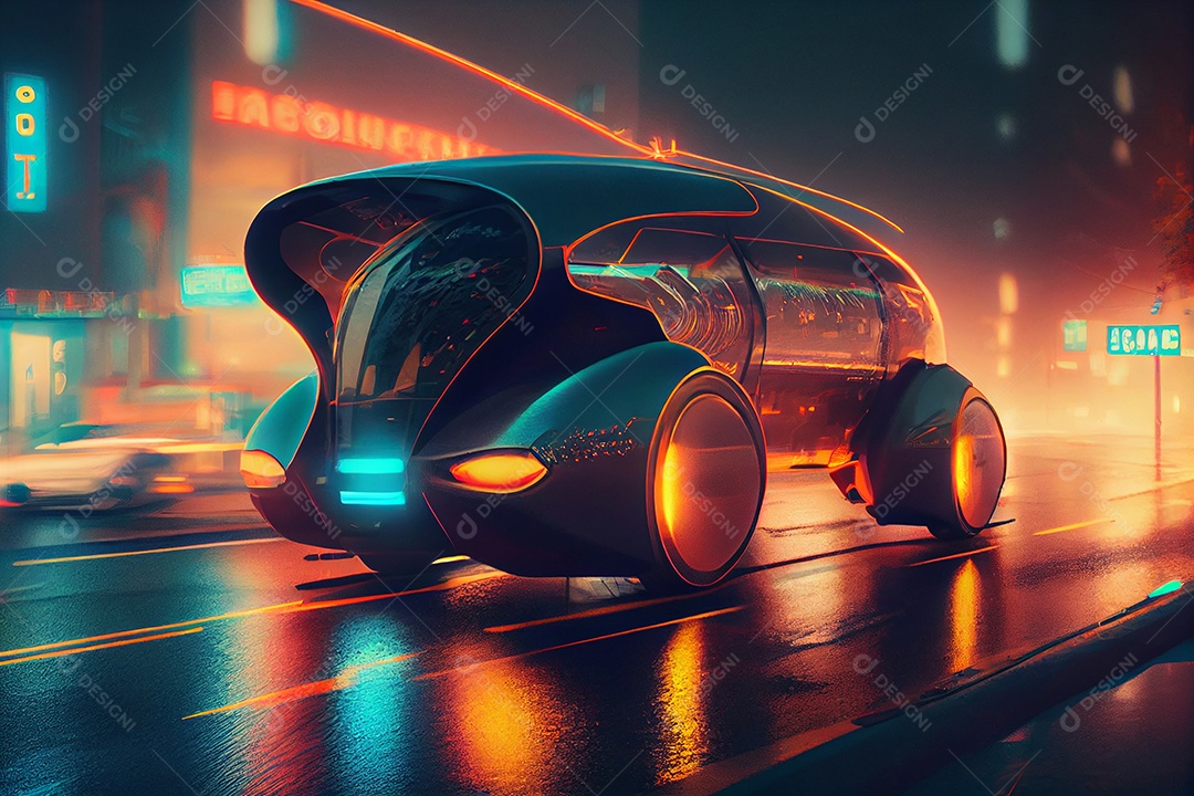 Carro futurista andando sobre ruas e vias iluminada cidade