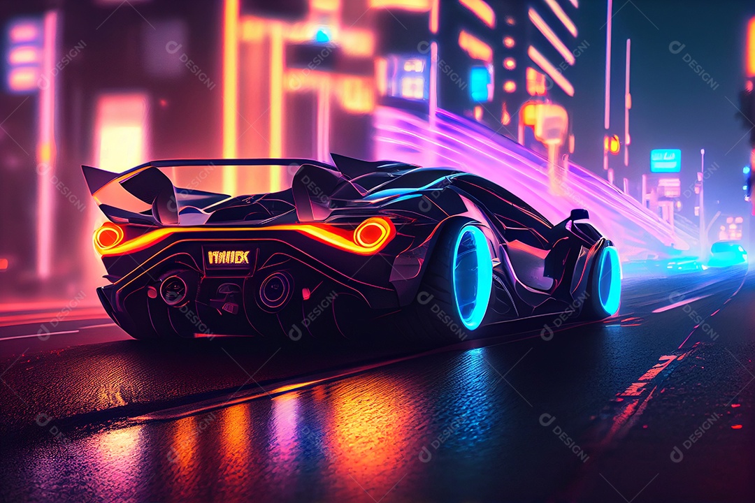 Lindo carro esportivo andando sobre ruas iluminada cidade