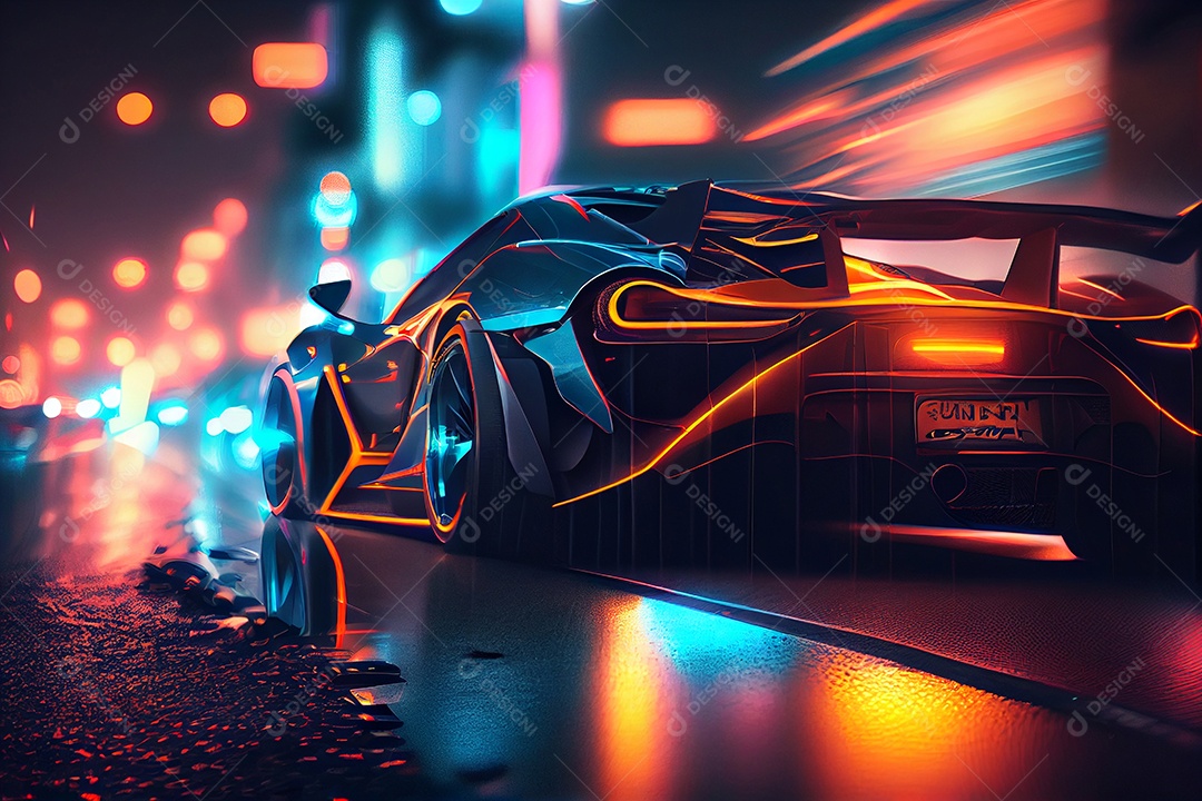 Lindo carro esportivo andando sobre ruas iluminada cidade