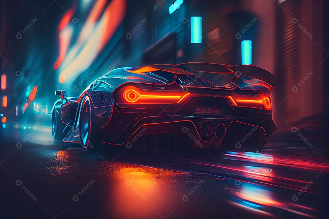 Lindo carro esportivo andando sobre ruas iluminada cidade