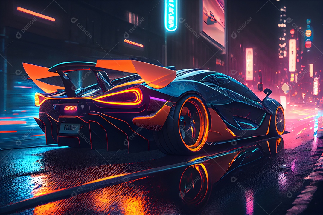 Lindo carro esportivo andando sobre ruas iluminada cidade