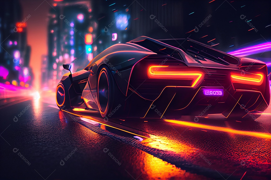Lindo carro esportivo andando sobre ruas iluminada cidade