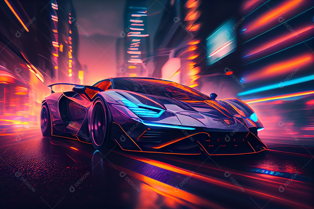 Lindo carro esportivo andando sobre ruas iluminada cidade