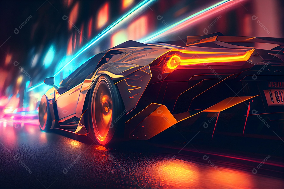 Lindo carro esportivo andando sobre ruas iluminada cidade