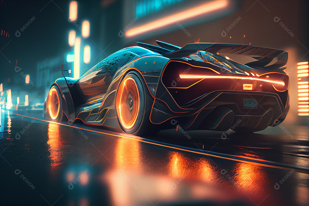 Lindo carro esportivo andando sobre ruas iluminada cidade