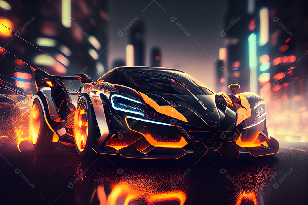 Lindo carro esportivo andando sobre ruas iluminada cidade