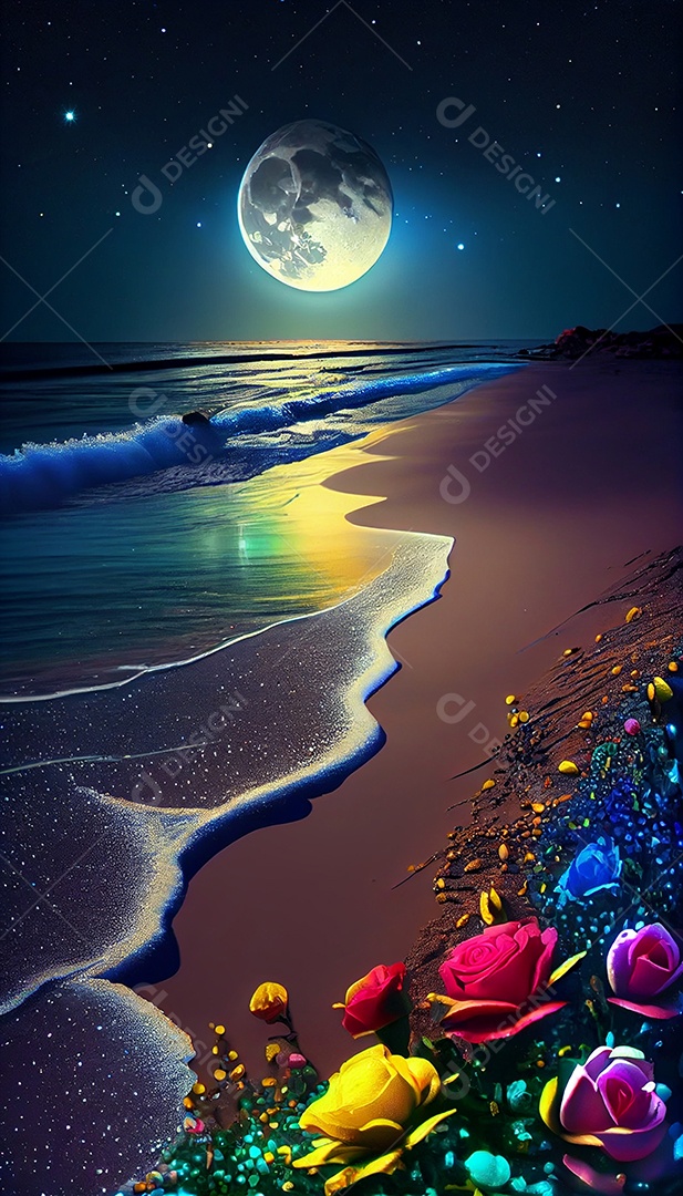 Linda lua cheia vista da praia anoite