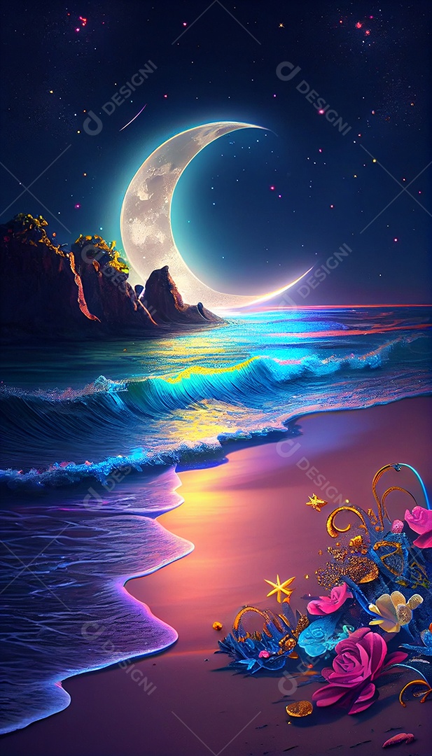 Linda lua vista da praia anoite