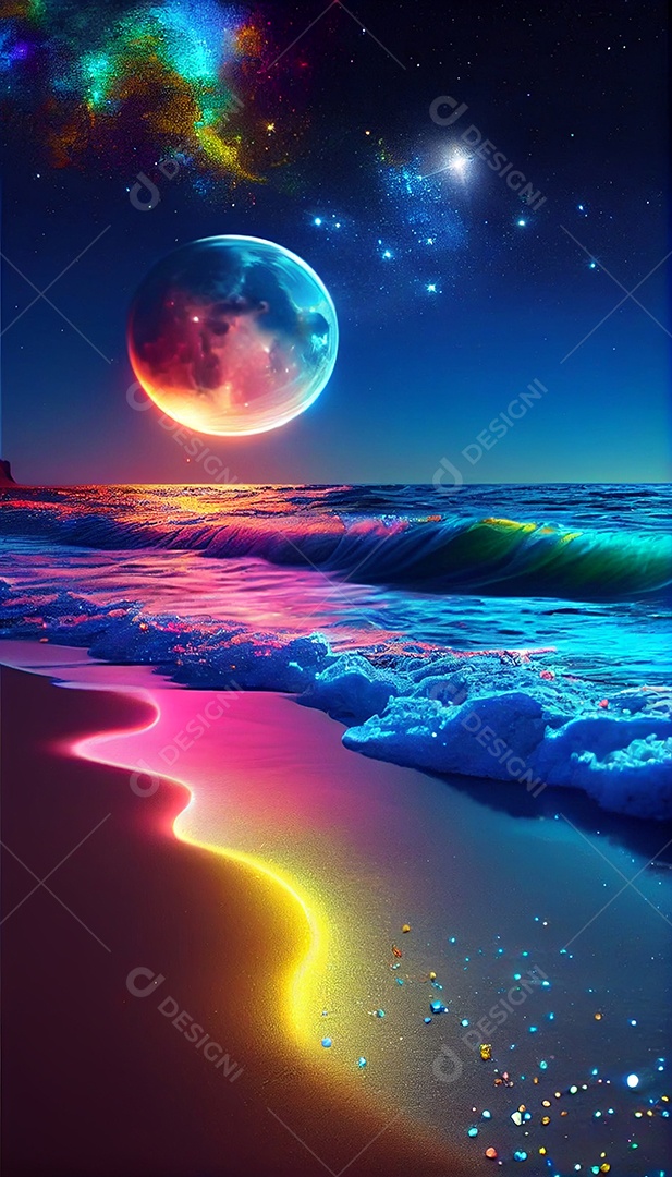 Linda lua cheia vista da praia anoite