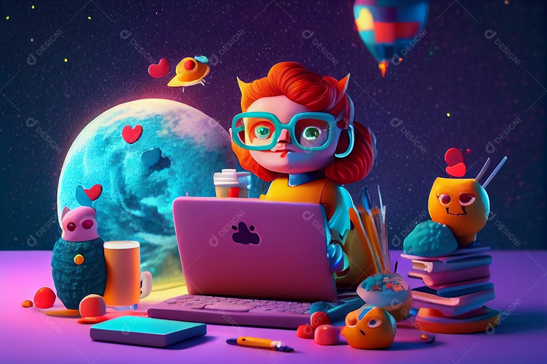 Desenho de menina mexendo em seu notebook
