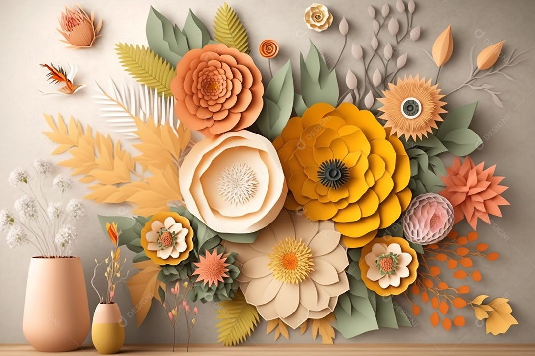 Papel de parede artesanal floral 3d laranja rosa verde e amarelo