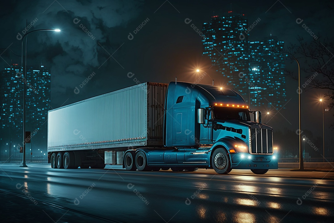 Caminhão com reboque de carga dirige à noite na estrada