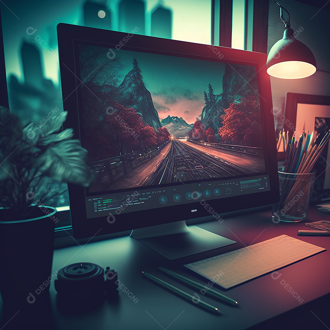 Sala interior criativa, LCD com canetas, estilo artístico