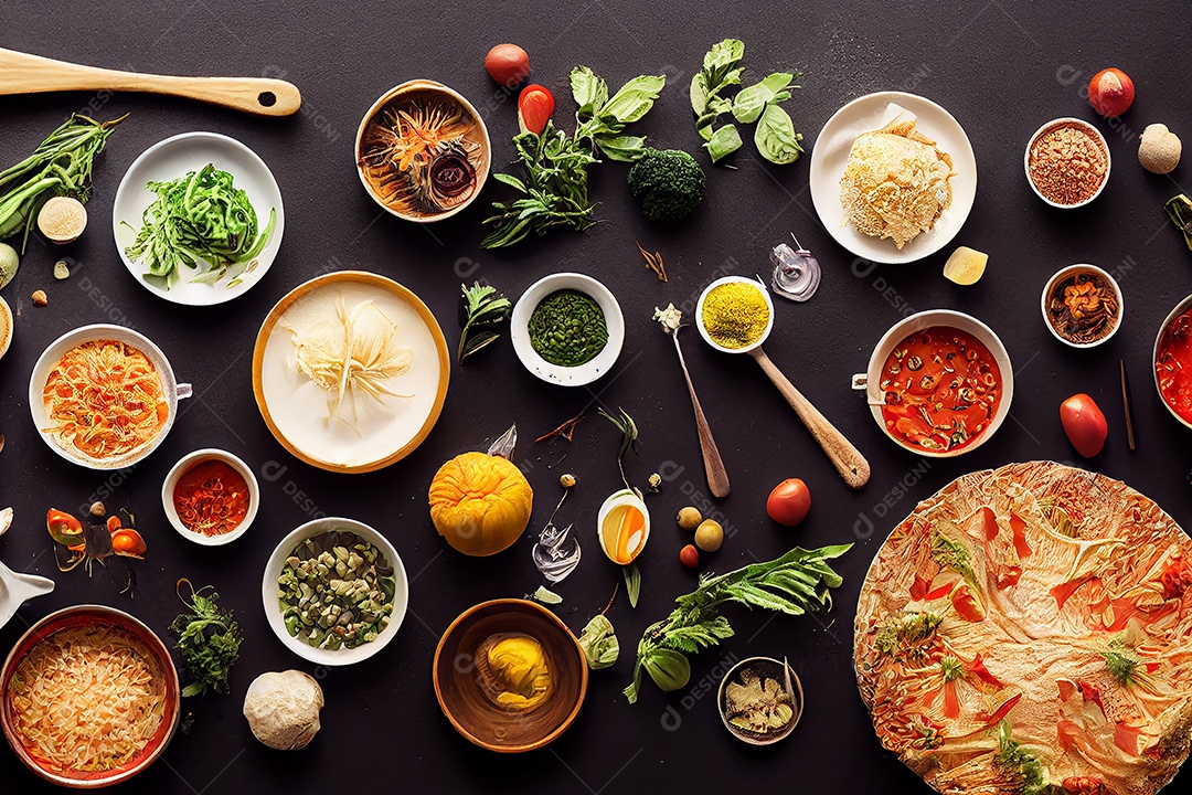 Comida na vista superior da mesa