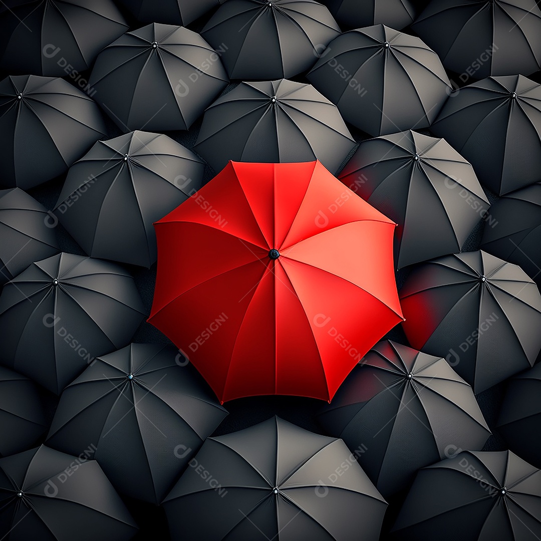 Guarda-chuva vermelho se destaca da multidão de muitos guarda-chuvas