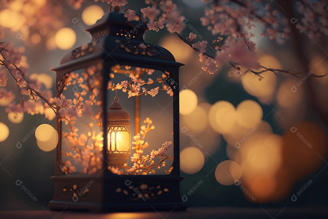 Lanterna árabe com luzes ao fundo