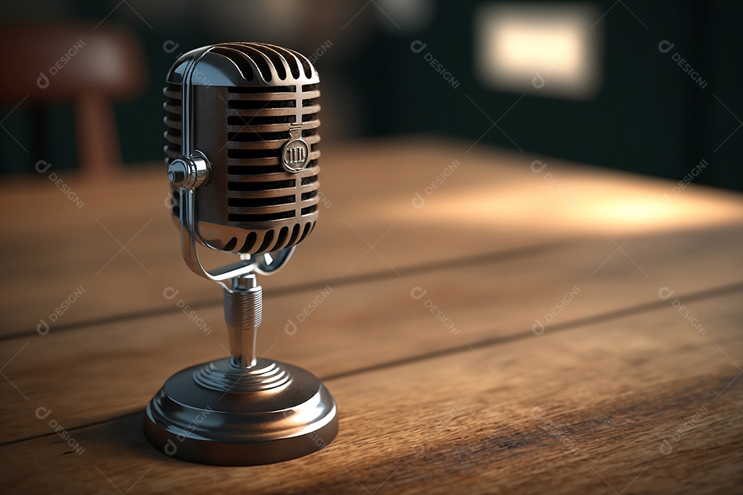 Detalhes microfone retrô sobre mesa de madeira