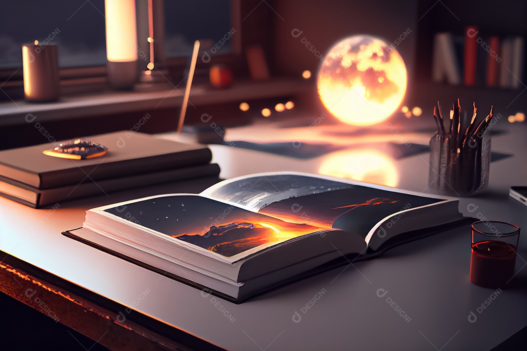 Um livro fica em uma mesa moderna