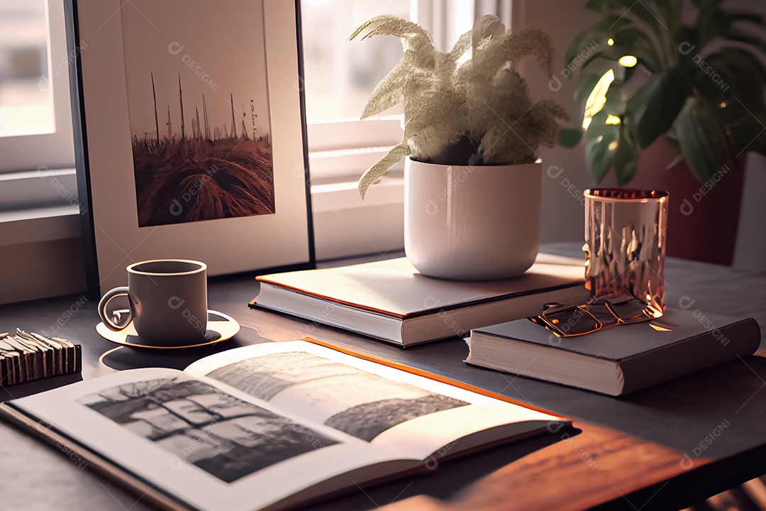 Um livro fica em uma mesa moderna