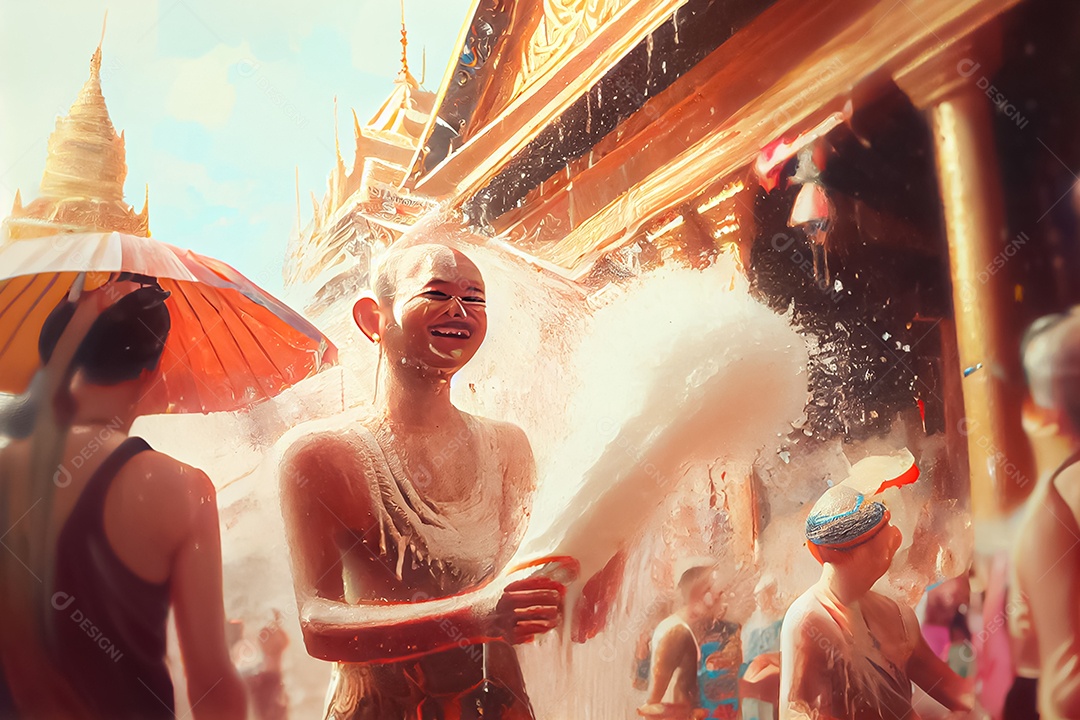 Crianças dos desenhos animados espirrando água na tradição tailandesa do festival songkran