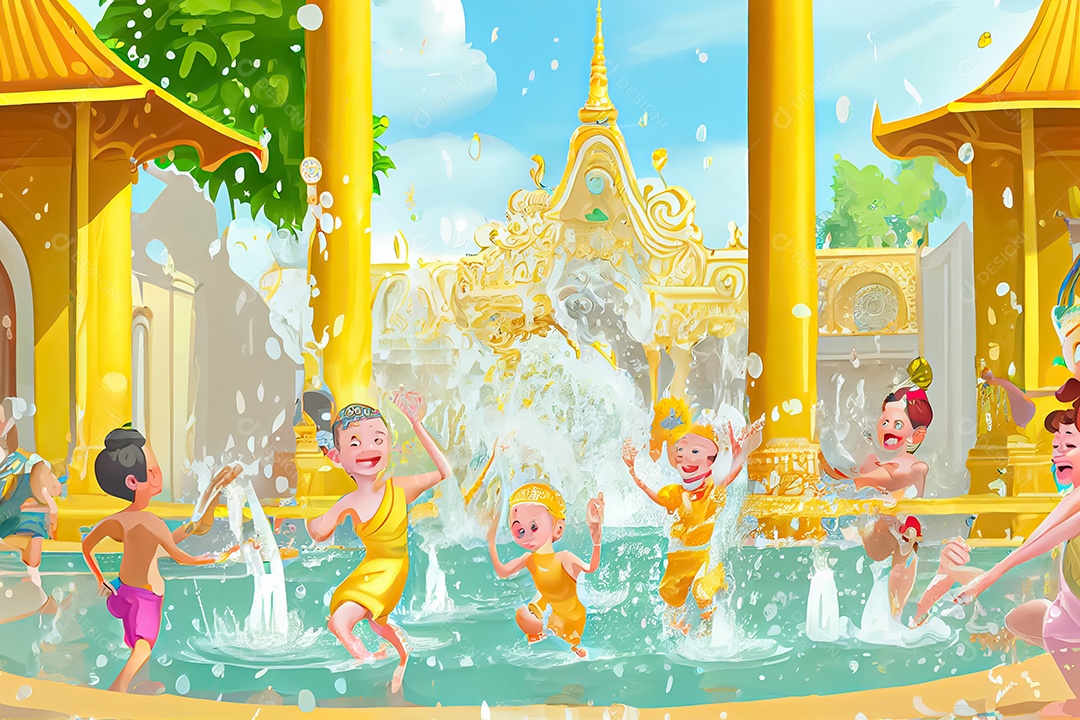 Crianças dos desenhos animados espirrando água na tradição tailandesa do festival songkran