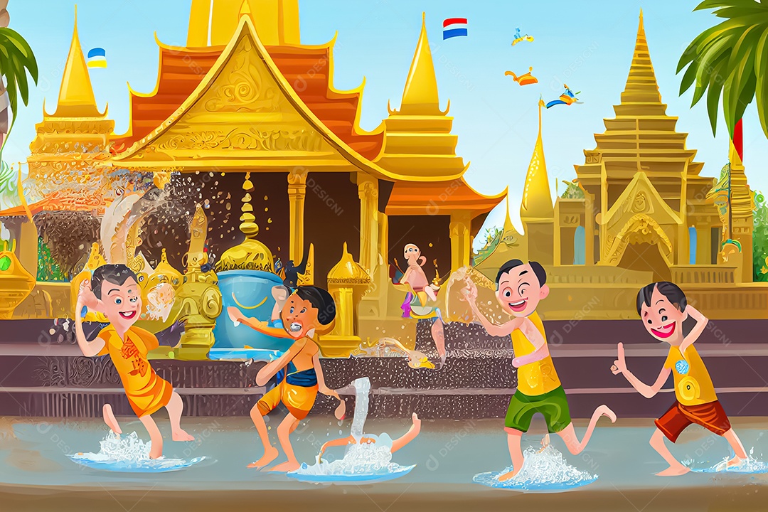 Crianças dos desenhos animados espirrando água na tradição tailandesa do festival songkran