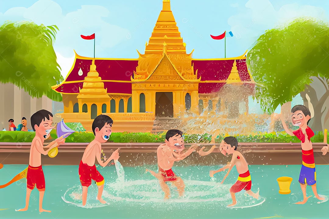 Crianças dos desenhos animados espirrando água na tradição tailandesa do festival songkran