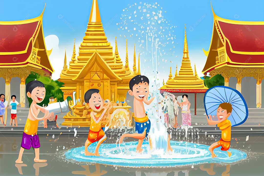 Crianças dos desenhos animados espirrando água na tradição tailandesa do festival songkran