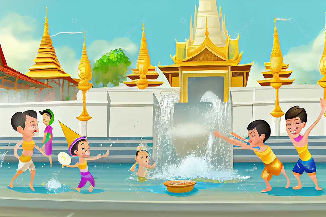 Crianças dos desenhos animados espirrando água na tradição tailandesa do festival songkran