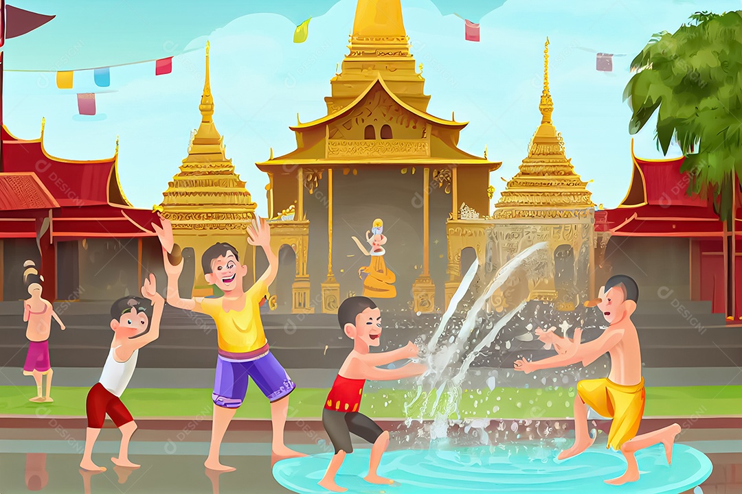 Crianças dos desenhos animados espirrando água na tradição tailandesa do festival songkran