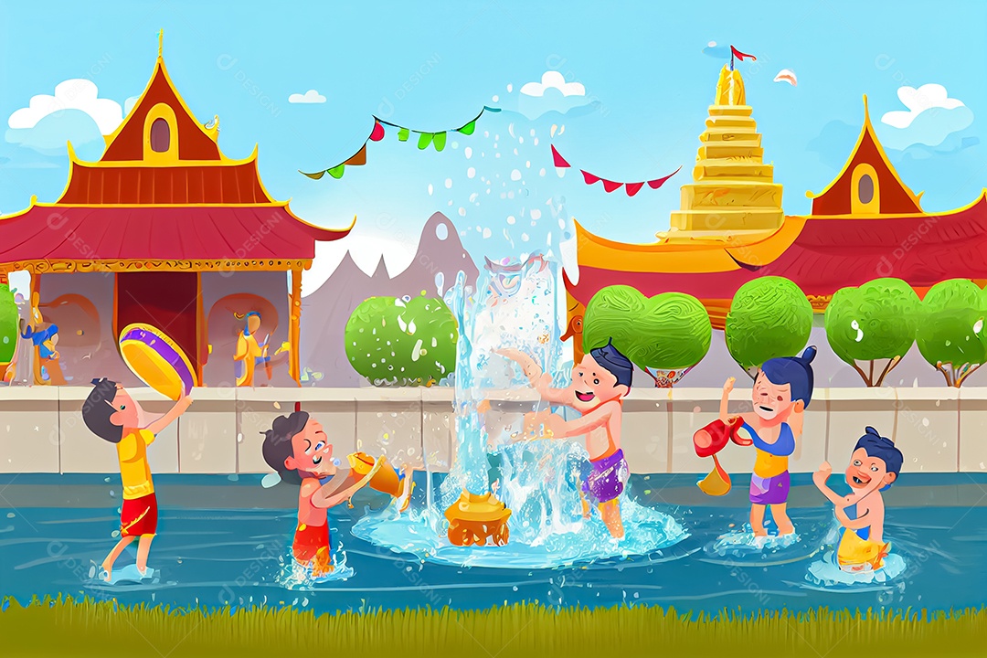 Crianças dos desenhos animados espirrando água na tradição tailandesa do festival songkran